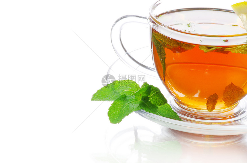 在茶杯中用叶子薄荷茶与白色背景隔绝图片