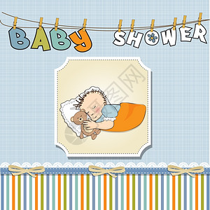 婴儿淋浴卡小男孩和睡觉与他的泰迪熊玩具图片