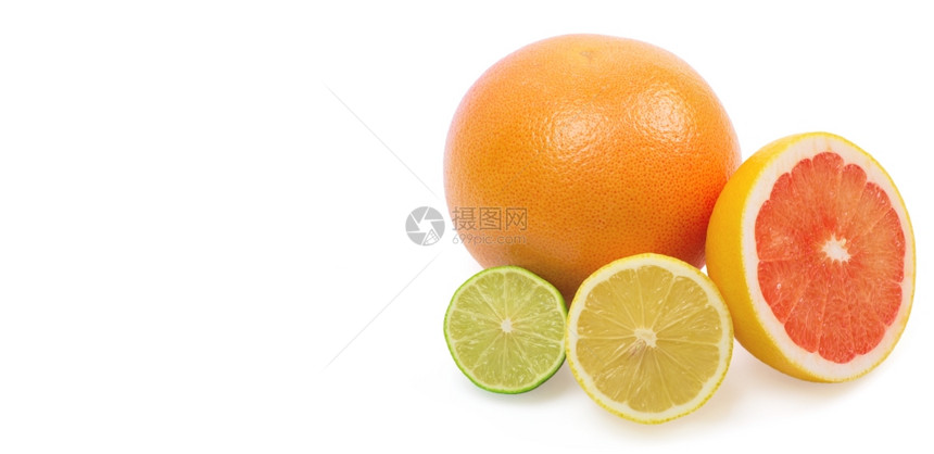 白色上隔离的清新整片石灰柠檬和橙色图像图片