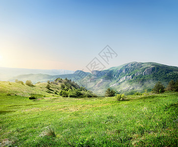 克里米亚山脉背景的绿草地高清图片