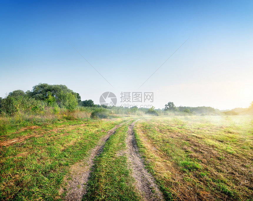 清晨日出时在路边雾图片