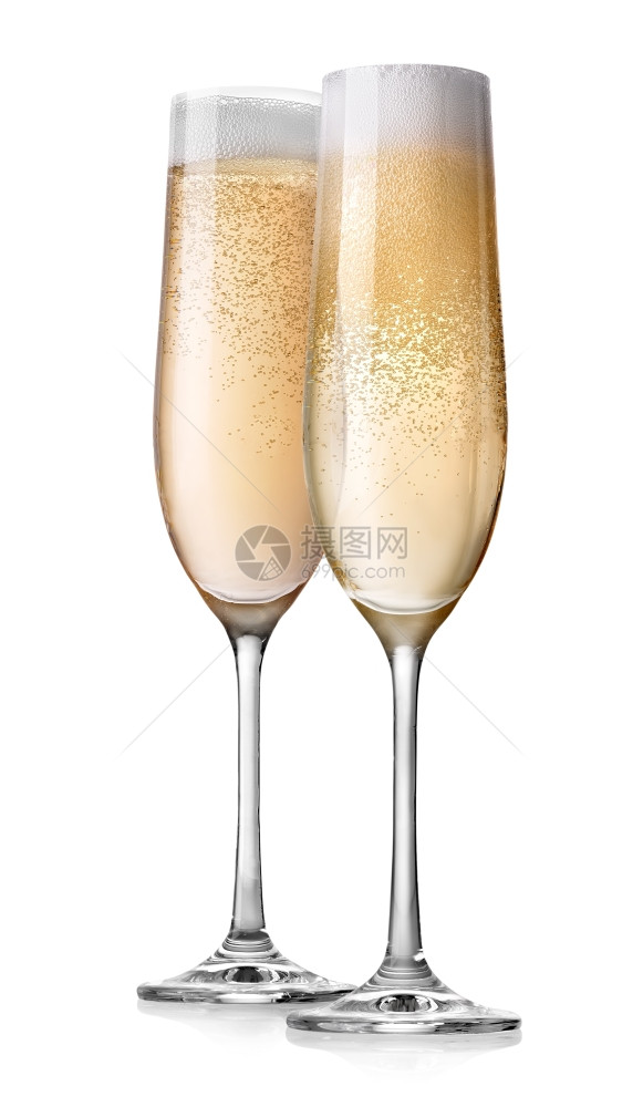 两杯香槟白底孤立在色背景上图片