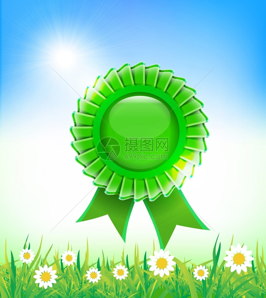 草背景上的天然绿色徽章图片