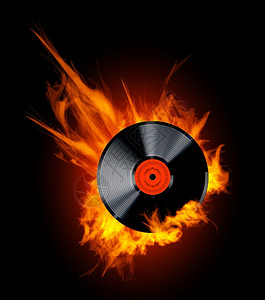 cd碟片黑色背景火焰中的黑胶碟片矢量设计模板插画