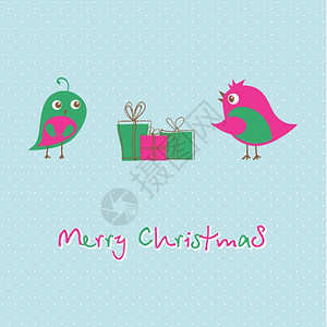甜美清纯圣诞装扮美女拆开礼物盒卡通可爱鸟的圣诞贺卡插画