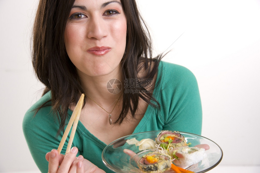 寿司午餐嘴全有吸引力的妇女健康原始食品图片