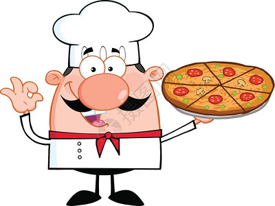 披萨托盘可爱的小厨师卡通字符持有比萨派插画