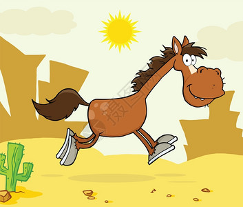 平静中野马横跨西部风景的笑马卡通字符插画