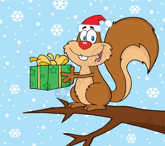 花栗鼠快乐的松鼠在雪中拿着礼物插画