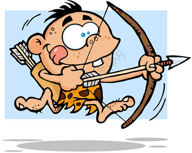 弓箭狩猎可爱的洞穴男孩骑着弓箭奔跑插画