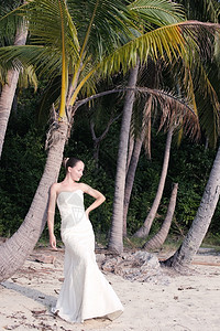 美丽的年轻新娘站在热带野生海滩上图片