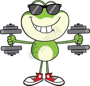 卡通小青蛙带着太阳眼镜微笑举哑铃的青蛙插画