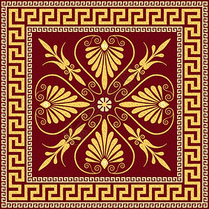布塞罗斯传统的古金方形希腊装饰品Meander和黑色背景的花卉模式插画