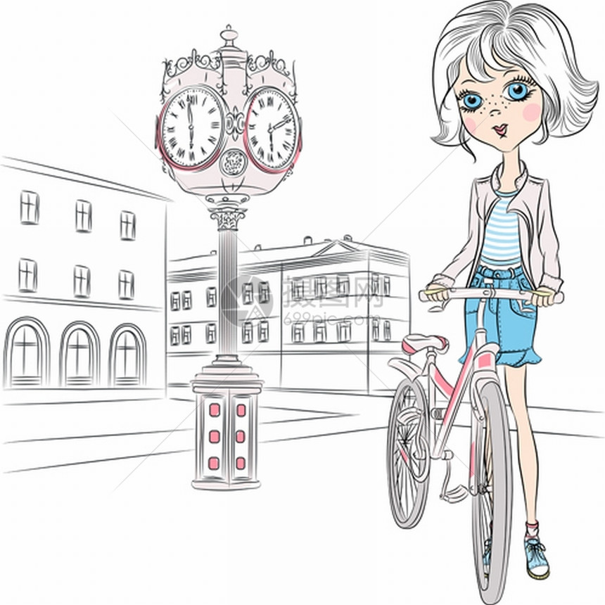 美丽的时装女在市广场上骑自行车时钟图片