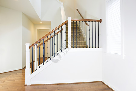 以铁和木制为的用地毯在台阶上护栏的硬木住宅地板和定制楼梯水平相照片图片
