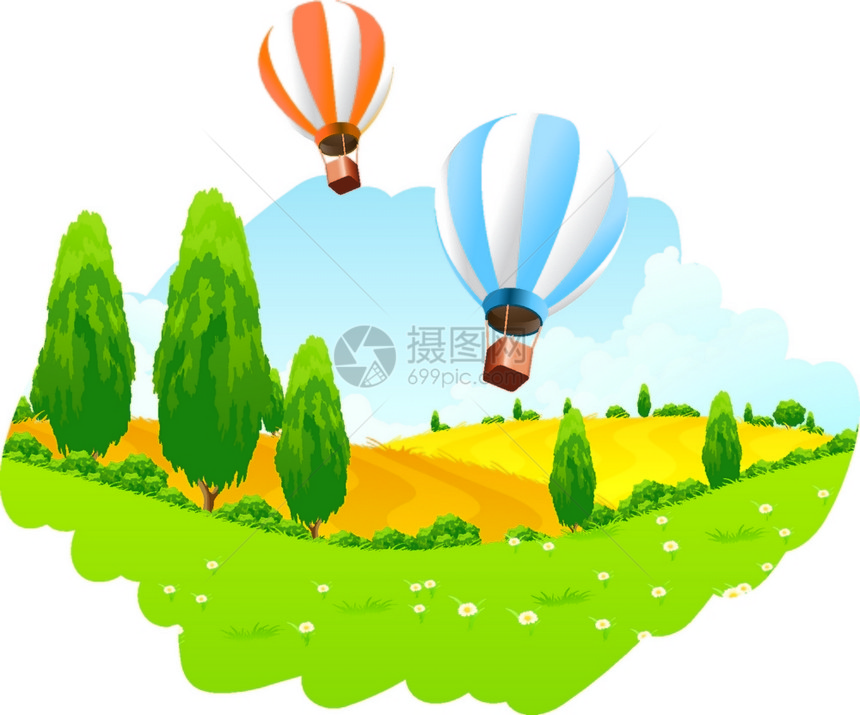 天空中充满热气球的绿色景观图片