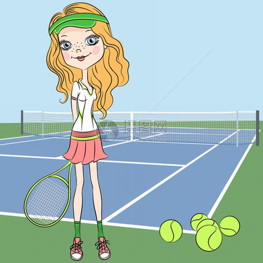 网球场上玩的年轻女孩手图片