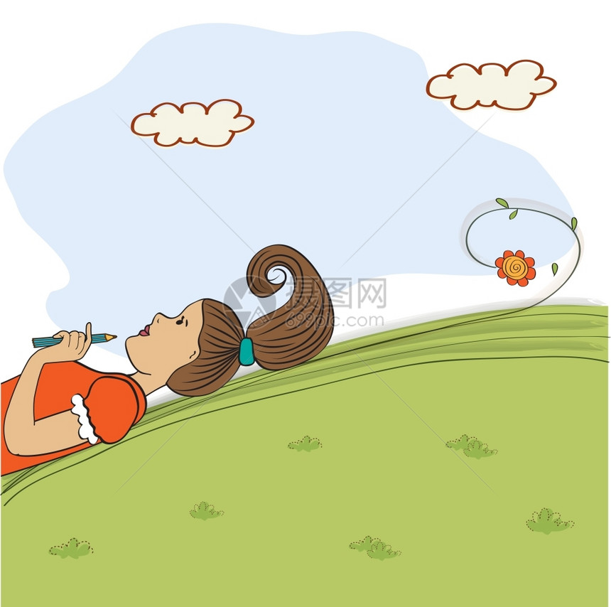 无聊的年轻女孩躺在草地上矢量插图图片