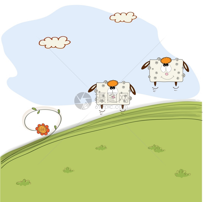 两只快乐的羊在草地上跳跃矢量插画图片