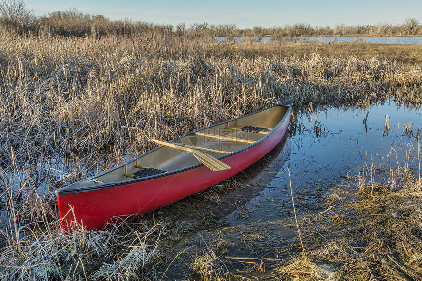 清春初在湿地用木板桨的红独舟图片