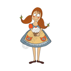 烤蛋糕的手带生日蛋糕矢量插图的搞笑女孩插画