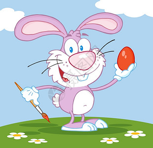 粉红兔偷笑快乐的粉红兔绘制复活节鸡蛋插画