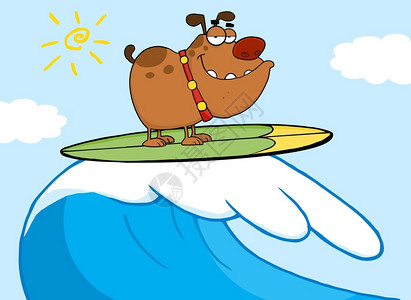 卡通可爱海上冲浪时快乐的狗图片