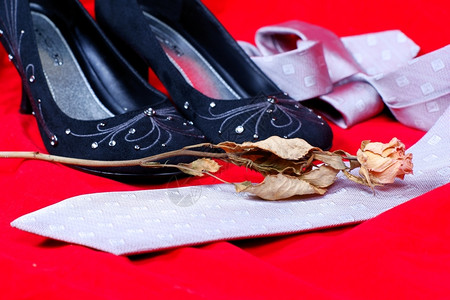 黑女鞋玫瑰和红底领带图片