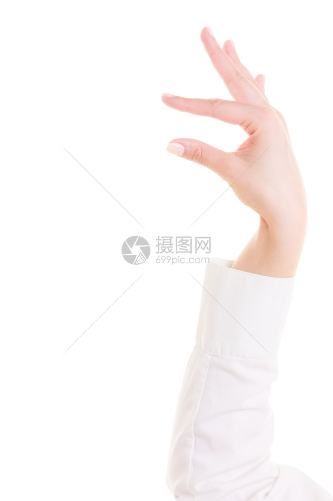 女用手测量指动势标志在白色背景上被孤立图片