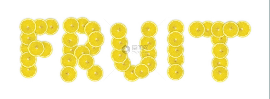 水果单词由白色的孤立柠檬片制成图片