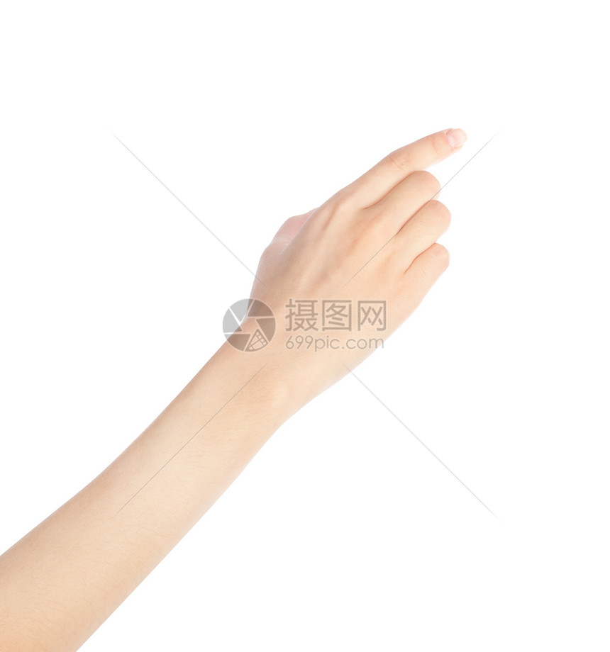 女触摸虚拟屏幕的手孤立在白色上图片