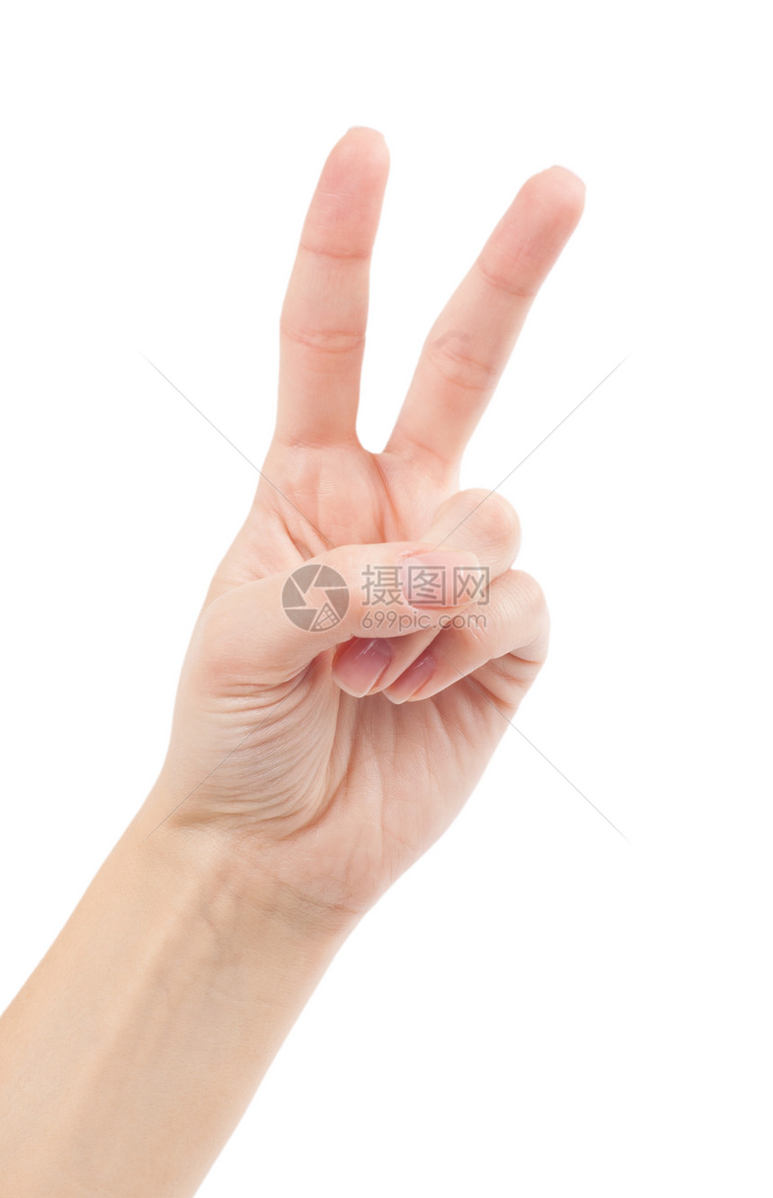 在和平或胜利的象征中手举两只五字的标志白孤立图片