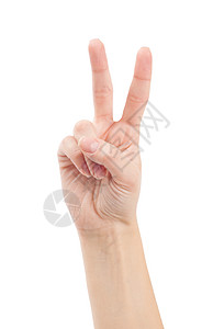 在和平或胜利的象征中手举两只五字的标志白孤立高清图片