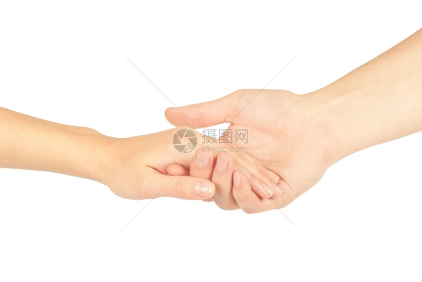 握着两个人的手男和女孤立在白色上图片