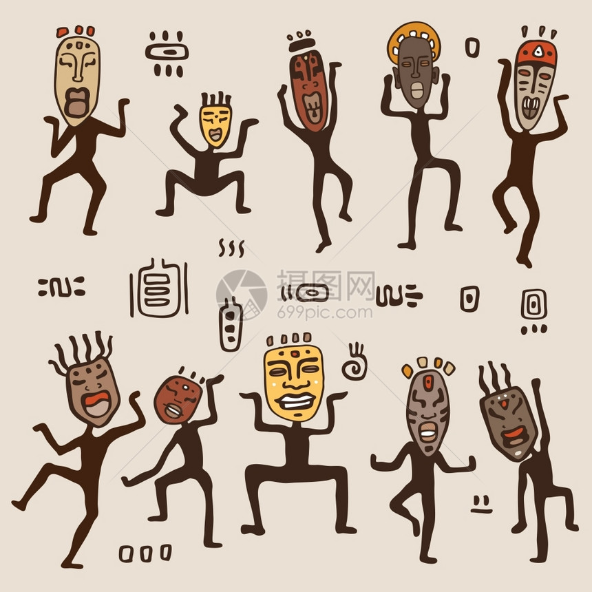 戴非洲面具的舞蹈人物原始艺术矢量插图图片