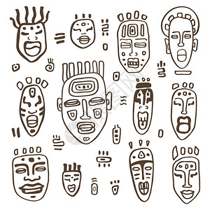 非洲部落装饰品非洲面具集民族手绘矢量图插画
