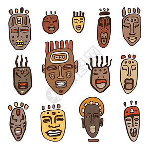 伏都教非洲面具集民族手绘矢量图插画