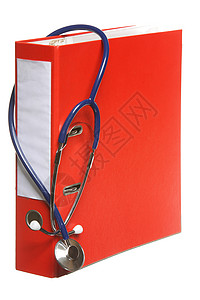 保健蓝色听诊器和白孤立的红文件夹背景图片