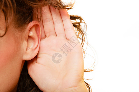 耳语部分女头用手听耳聋孤立在白色背景上背景