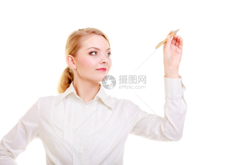 手笔女商人的肖像妇女写在空版间屏幕白板上商业概念孤立在白色上图片