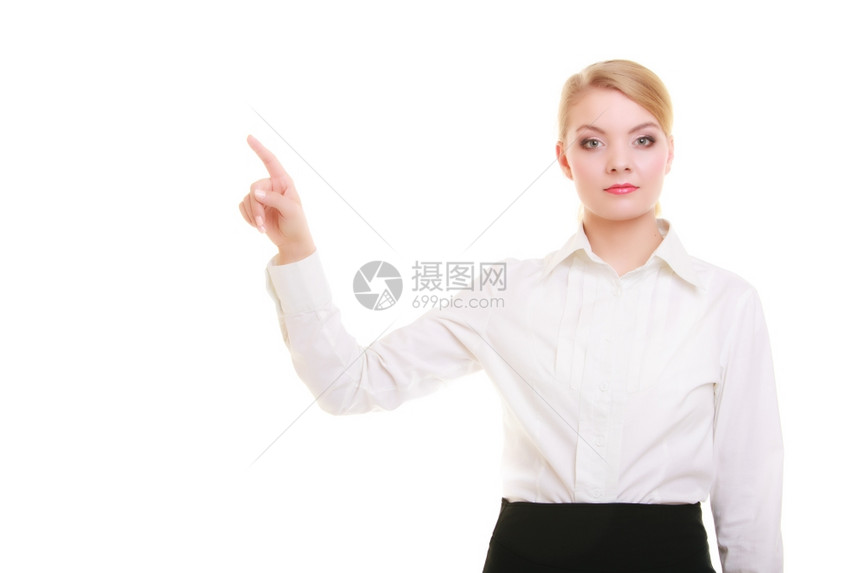 商业妇女指空手复制间商业妇女展示一面概念广告产品推动触摸屏幕按数字虚拟钮图片
