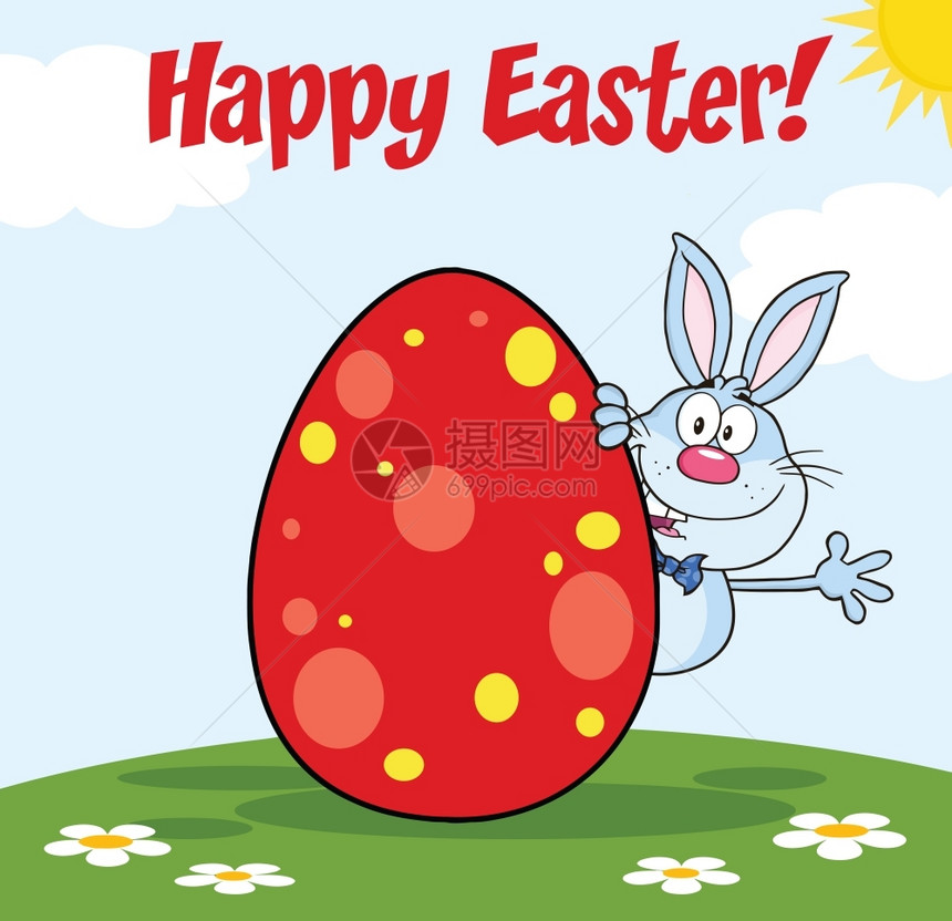 复活节快乐从蓝兔漫画的格在鸡蛋后面晃动图片