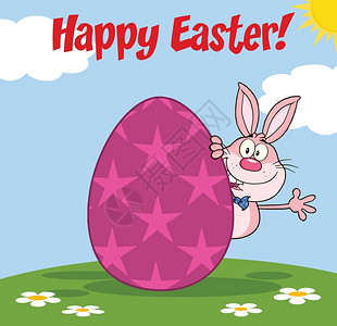 欢乐复活节从粉红兔的卡通字符在鸡蛋后面晃动背景图片