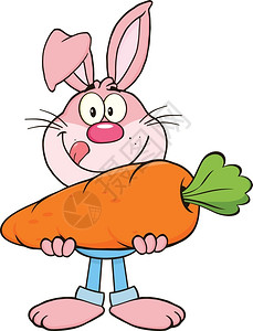 兔子手偶拿着大胡萝卜的饥饿粉红兔插画
