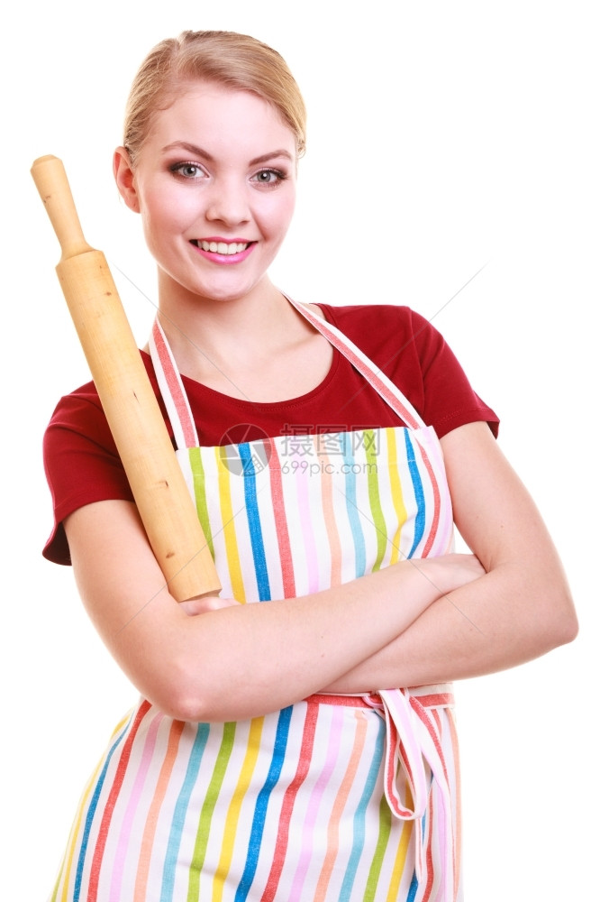 穿着厨房围裙的快乐家庭主妇或面包师厨穿着房围裙手持白色孤立的滚针工作室照片图片