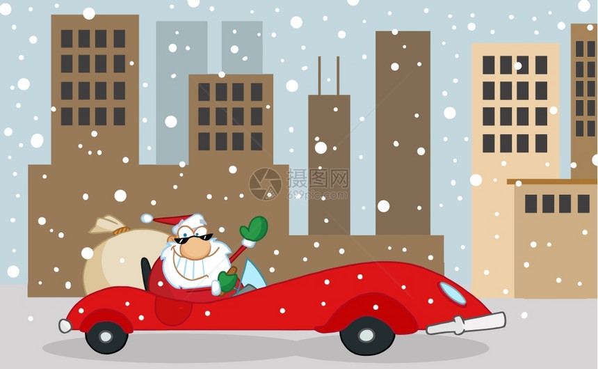 圣诞老人坐汽车来城里图片
