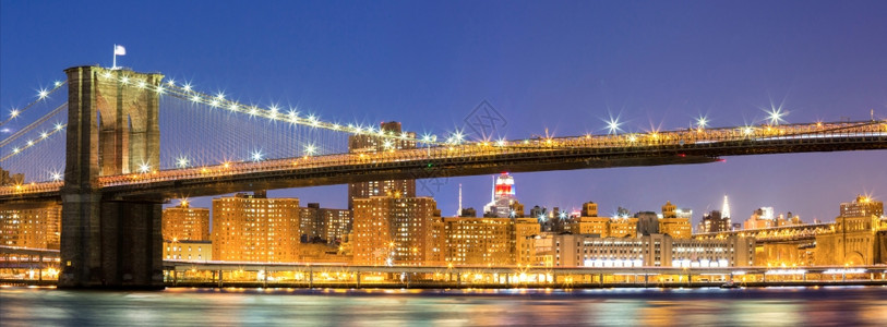 美国纽约州市黄昏布鲁克林桥全景办公室高清图片素材