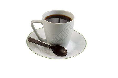 黑咖啡小杯中深巧克力勺子和在白色上隔绝的碟子图片