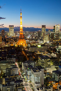 东京街灯景日本黄昏东京塔市景日落背景