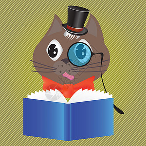 戴猫帽子猫为设计读书的多彩插图背景